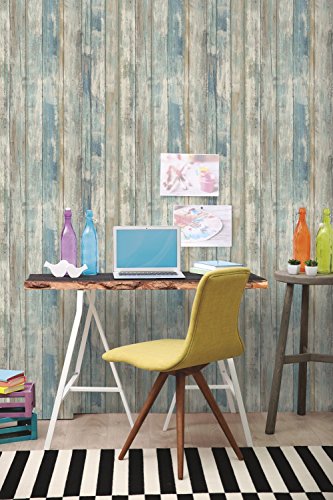 RoomMates Blue Distressed Wood Peel and Stick Wallpaper - color: Blue