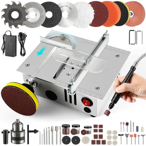 Mini table Saw,mini Table Saws for Crafts, Mini Multi Functional Table Saw, Dual-motor control for cutting, grinding,engraving and drilling.Speed & Angle Adjustable,for Wood/PCB/Acrylic/Plastic - color: Silver