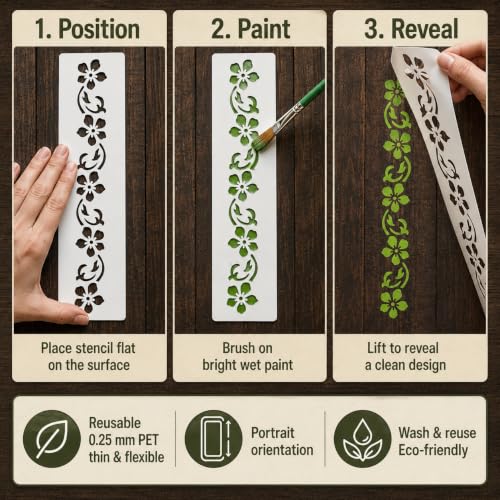Flower Border Stencil Template - Reusable Flower Decorative Stencils for Painting on Wood, Glass, Wall Rock, Walls, Canvas, Glassware, Spray Painting, Airbrushing, Wall Painting (2.5x10 Inch)