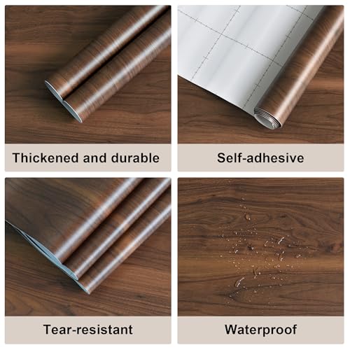 JSEVEM Walnut Wood Contact Paper Dark Brown Peel and Stick Wallpaper Waterproof Removable Grain Contact Paper for Countertops Cabinet Table Self Adhesive Thicken Textured Vinyl Wrap 48" x 354" - color: Brown, size: 48" x 354"
