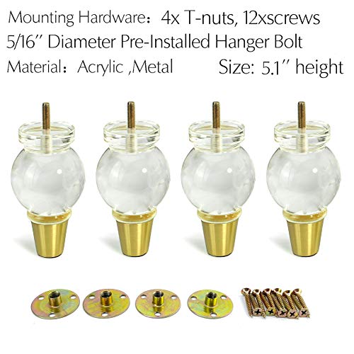 Acrylic Furniture Legs Replacement Sofa Feet Cabinet Modern Clear Decor DIY Legs Classical Style Set of 4 ((5.1inch) - size: 5.1inch