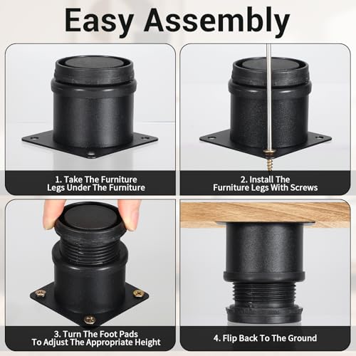 Set of 12 Stainless Steel Furniture Legs 2 Inch, Adjustable Round Cabinet Legs with Screws, Metal Replacement Leg for Cabinet Sofa Couch Shelves Table (Black)