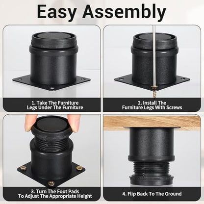 Set of 12 Stainless Steel Furniture Legs 2 Inch, Adjustable Round Cabinet Legs with Screws, Metal Replacement Leg for Cabinet Sofa Couch Shelves Table (Black)