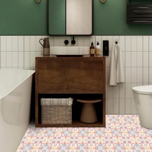 HOMETITUTE Pink Geometric Floral Peel Stick Vinyl Floor Tile 12x12 Inch - style: Pastel Floral Look