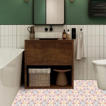 HOMETITUTE Pink Geometric Floral Peel Stick Vinyl Floor Tile 12x12 Inch - style: Pastel Floral Look
