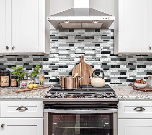 DEWOO Peel and Stick Kitchen Backsplash Tile 3D Self Adhesive Wall 10 Sheet - color: Black