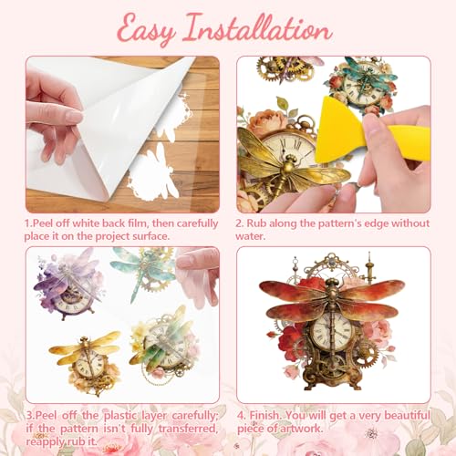 Peacoblue Dragonfly, Gear Clock Rub On Transfers for Furniture Craft 6"x12" - style: Dragonfly with Gear Clock