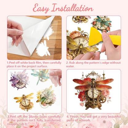 Peacoblue Dragonfly, Gear Clock Rub On Transfers for Furniture Craft 6"x12" - style: Dragonfly with Gear Clock