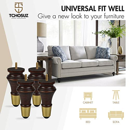 6 inch Solid Wood Furniture Spool Legs with Gold Caps, 4PCS Wenge - color: Wenge, size: 6"/ 15cm