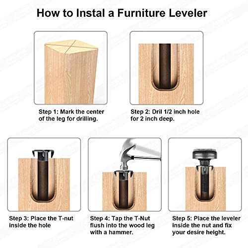 Anwenk Furniture Levelers Heavy Duty Furniture Leveling Feet Adjustable Leg Levelers for Cabinets Sofa Tables Chairs Raiser, Support 2640LBs, T- Nut Kit 3/8”-16 Thread, Large Base - 8 Pack,Black - color: Black 8-pack