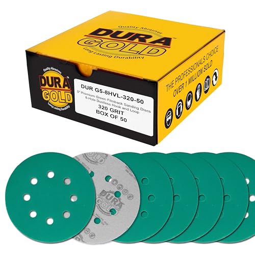 Dura-Gold 5" Green Film Sanding Discs, 320 Grit, 8-Hole, Box of 50, H & L - style: 320 Grit