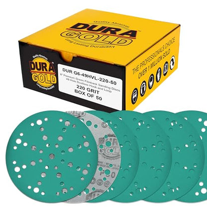 Dura-Gold 220 Grit 6" Green Film Sanding Discs, 49-Hole Pattern, Box of 50 - style: 220 Grit