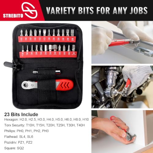 STREBITO Right Angle Screwdriver Low Profile, 26 Piece Small Ratchet Set - color: 26 in 1 With Zipper Pouch