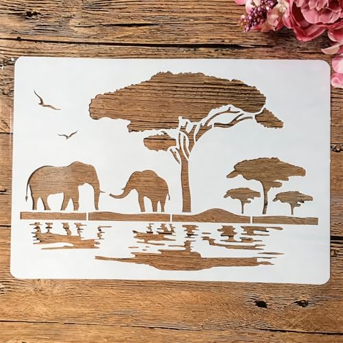 TIAMECH A4 Reusable Savanna Tree African Elephant Stencil for Painting - style: African Elephant
