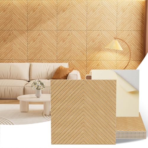 Acoustic Wall Panels, 6 Piece 23.62" X 23.62" Peel and Stick Wall Panels - color: Timber Vee Herringbone, size: 72 X 48 Inches