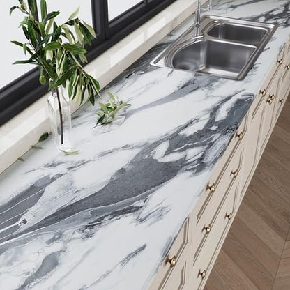 VEELIKE Modern Black and White Liquid Marble Contact Paper for Countertops Waterproof Peel and Stick Countertop Contact Paper 24''x118'' Marble Wallpaper Self Adhesive Kitchen Counter Top Wrap Covers - size: 24" x 118"