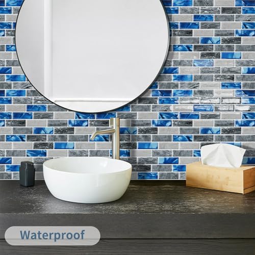 DEWOO Peel and Stick Backsplash 3D Self Adhesive Wall Tile Blue 10 Sheet - color: Marble Blue