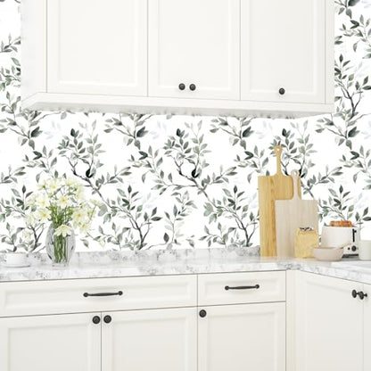 ILHIIOR Green Leaf Peel and Stick Wallpaper Boho 17.5 x 393 Inches - color: Green&White, size: 17.5" x 393"