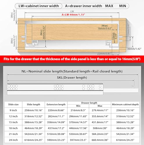 Undermount Soft Close Drawer Slides Bottom Mounted Full Extension 9 12 15 18 21 24 Inch Ball Bearing Runners Rails 77 Lb Load 1 Pair (1 Pair, 21 Inch) - size: 21 Inch