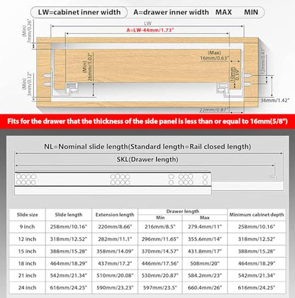 Undermount Soft Close Drawer Slides Bottom Mounted Full Extension 9 12 15 18 21 24 Inch Ball Bearing Runners Rails 77 Lb Load 1 Pair (1 Pair, 21 Inch) - size: 21 Inch