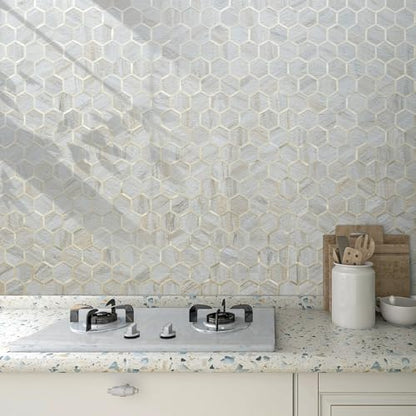 DICOFUN 1 Sheet Hexagon Peel and Stick Backsplash Tile, Beige Slate Mixed Gold Kitchen Backsplash Peel and Stick Wall Tiles - color: Beige Slate + Gold Metal Frame, size: 1 Sheet, 12''x12''x0.12''