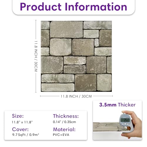 3D Peel and Stick Faux Stone Wall Panels 11.8" x 11.8" 10-Pack - color: ‎Stone-SM-I