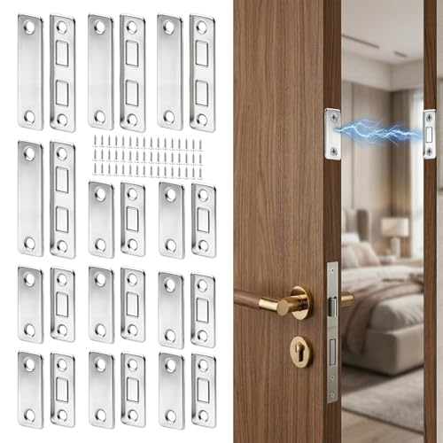 12 Pack Magnetic Cabinet Door Catches with Adhesive and Screw Option, Stainless Steel Drawer Magnets for Kitchen, Bathroom & RV, (8 Short and 4 Long)