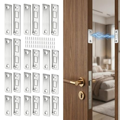 12 Pack Magnetic Cabinet Door Catches with Adhesive and Screw Option, Stainless Steel Drawer Magnets for Kitchen, Bathroom & RV, (8 Short and 4 Long)
