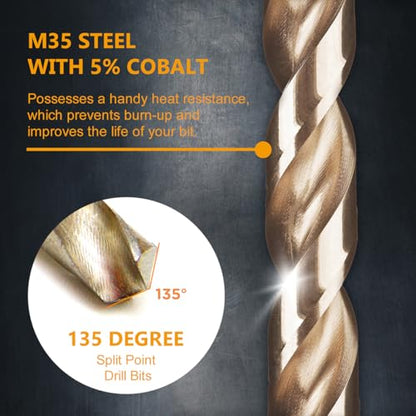 POWERTEC 1/2" & 3/8" Cobalt Drill Bits - 6 Pack - 5" & 6" Length - M35 HSS Jobber Length Twist Bits with 135° Tip for Drilling Wood, Metal, Stainless Steel, Nickel Alloy, Cast Iron & Plastic (QDB2100) - style: 6PK 1/2" & 3/8" Cobalt Drill Bits (M35 135°)