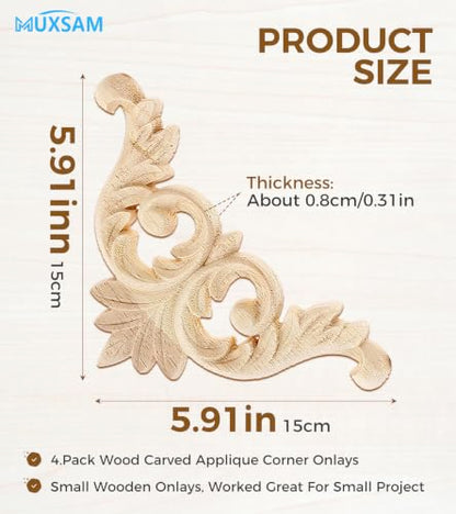 4Pcs Wood Carved Appliques Corner Wooden Carving Onlays Decals for Furniture - size: 5.91 x 5.91 inches