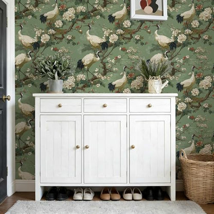 Chinoiserie Botanical Wallpaper, Crane Floral Peel and Stick Wallpaper - color: ML-M090, size: 17.7" x 236"