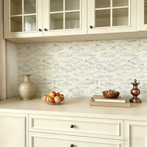 Peel and Stick Wallpaper, Light Blue Line Art Fish Pattern, 236in x 17.7in, Waterproof Vinyl, Removable Reusable, Eco-Friendly, for Bedroom Living Room Rental Apartment - color: Green03, size: 17.7" x 236.2"