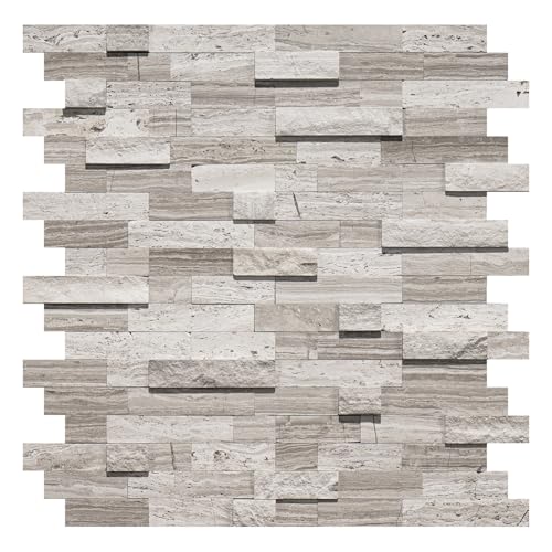 5-Sheet 3D Natural Stone Mosaic Tiles, 12"x11" Peel and Stick Backsplash, Mixed Gray Self Adhesive Wall Tiles for Kitchen Bathroom Fireplace - color: Mixed Gray