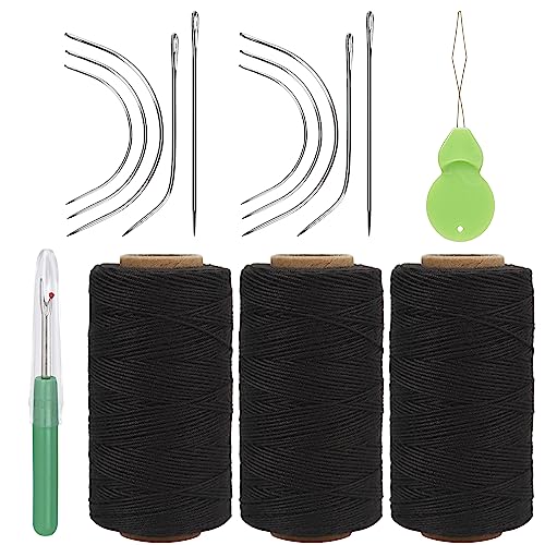 Lusecarl Needle and Thread for Hair Extensions 3 Rolls Hair Weave Sewing Threads with 10 Pcs C J I Shape Curved Upholstery Needles for Hand Sewing, Hair Extensions, Making Wigs DIY (10+3, Black) - color: Black, size: 10 Needle+3 Thread