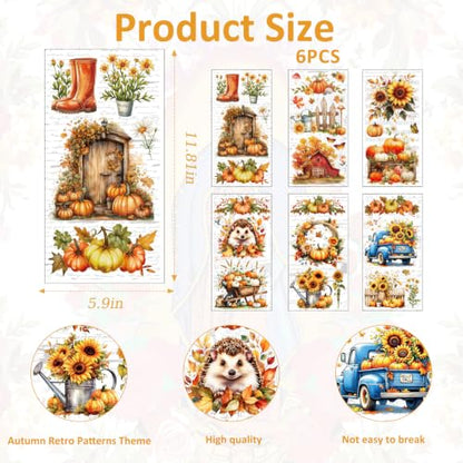 6 Pcs Fall Rub on Transfers, Farmhouse Pumpkin Rub on Transfers for Crafts and Furniture, Watercolor Autumn Dtf Transfer Ready to Press for Home Office Wood DIY Crafts Holiday Gift