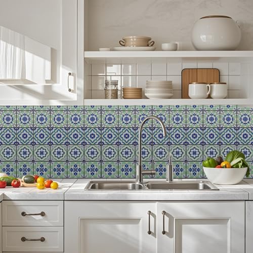 36 Pcs 4 Style Retro Pastoral Pattern Tile Stickers, 4x4inch - color: Blue-green Pattern