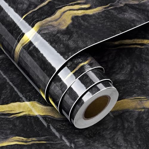 FunStick 24"x200" Black and Gold Liquid Marble Countertop Contact Paper Waterproof Marble Wallpaper Peel and Stick Countertops for Kitchen Wallpaper Self Adhesive Marble Wall Paper for Cabinets Desk - color: Black Gold, size: 24"W x 200"L