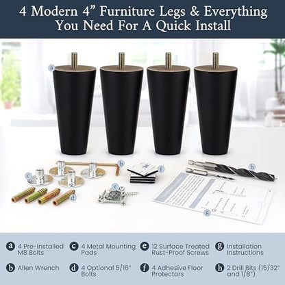 Airy Abode Premium Black Wood Furniture Legs (Full Install Kit) - Pick Your Size and Color - color: Black, size: 4 Inches