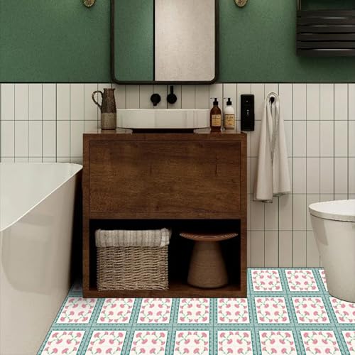 HOMETITUTE Pink Carnation Teal Peel Stick Floor Tile 12x12 Vinyl - color: Pink#1