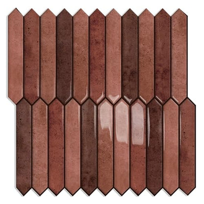 10 Sheet Long Hexagon Peel and Stick Backsplash Tile, 12"x12" 3D Adhesive Glossy Marble Vinyl Stick on Wall Tiles for Bathroom, Kitchen, Living Room (Brown, 12" x 12") - color: Brown