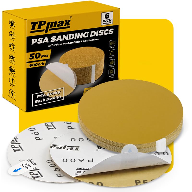 TPmax 6-Inch 600-Grit Gold PSA Sanding Discs, 50 Pack – Pro-Grade Self-Adhesive Stickyback Sandpaper with Quick-Release Tabs for DA Sander, Micro-Finishing Automotive/Wood/Metal Sanding - style: 600 Grit