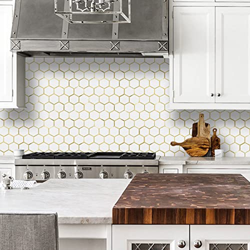 DICOFUN 10-Sheet Hexagon Peel and Stick Backsplash Tile, Polished White Tile Look Mixed Light Gold Kitchen Backsplash Peel and Stick Wall Tiles - color: White Tile + Light Gold Metal Frame, size: 10 Sheets, 12''x12''x0.12''