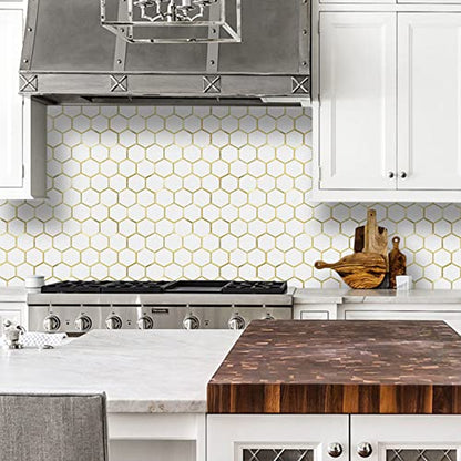DICOFUN 10-Sheet Hexagon Peel and Stick Backsplash Tile, Polished White Tile Look Mixed Light Gold Kitchen Backsplash Peel and Stick Wall Tiles - color: White Tile + Light Gold Metal Frame, size: 10 Sheets, 12''x12''x0.12''