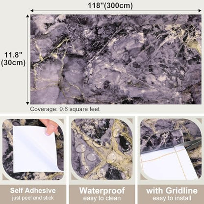 Purple Gold Black Marble Contact Paper Peel and Stick Countertops for Kitchen Violet Glossy Marble Granite Wallpaper Vinyl Wrap for Table Desk Self Adhesive Counter Top Cover 11.8"x118" - size: 11.8" x 118"