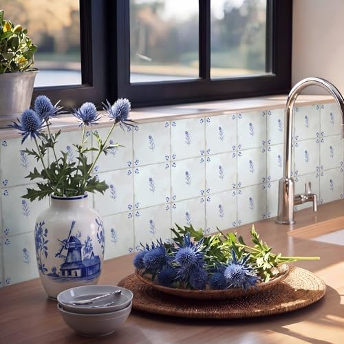 Faccito 24 Pcs Delft Classic Blue White Flower 4x4 Inch Tile Stickers - style: Delft Flower