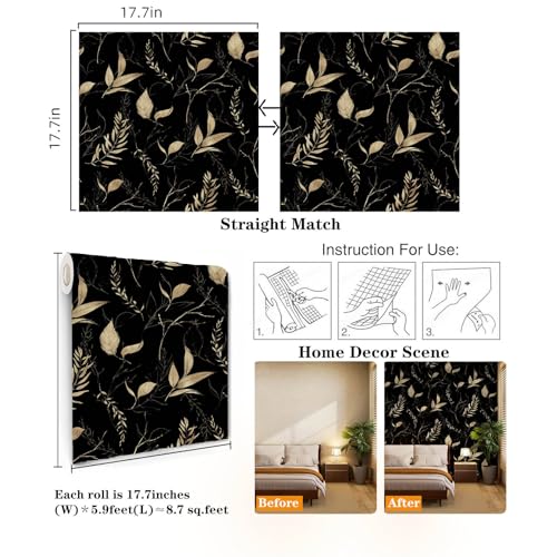 Dark Black and Gold Leaf Peel and Stick Wallpaper 17.7" x 70.8" - color: Black&Gold, size: 17.7" x 70.8"