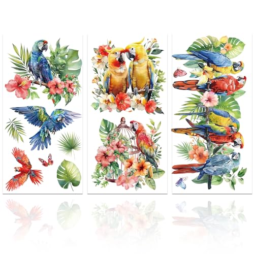 GLOBLELAND 3 Sheets Parrot Flower Furniture Transfer 6x12inch Flowers and Birds Rub on Transfer Self-Adhesive Wall Art Decals for Bedroom Living Room Desk Table Decoration - style: Parrot Flower