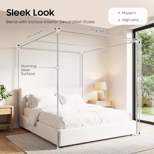 Canopy Bed Frame, Bed Canopy Frame Poles Corner Bracket, Post 4 Corner Bed Poles Netting Bracket Stainless Steel Silver Post with Accessories(King)