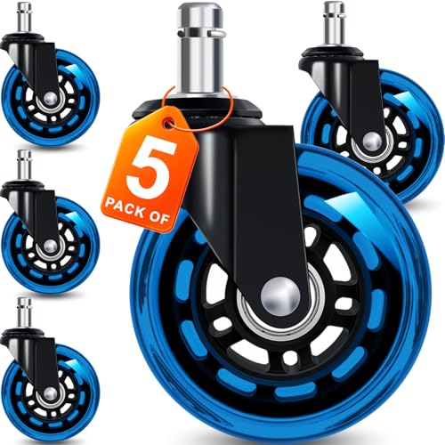 Office Chair Wheels for Casters Replacement - 3" Rubber Wheels for Computer Gaming Desk Caster Smooth & Safe Rolling for All Floors Including Hardwood and Carpet - Set of 5 - Blue - color: Blue