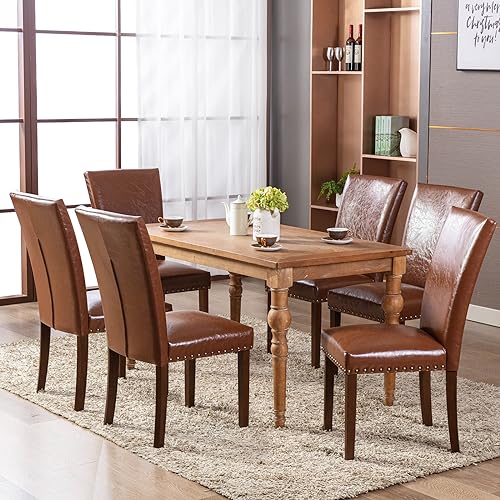 COLAMY Upholstered Parsons Dining Chairs Set of 2, PU Leather Dining Room Kitchen Side Chair with Nailhead Trim and Wood Legs - Light Brown - color: L-lightbrown, size: Set of 2